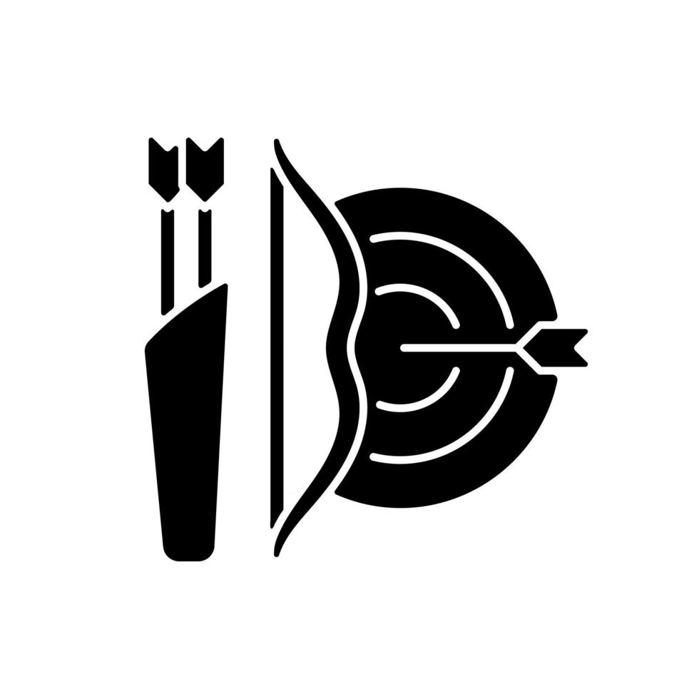 Archery black glyph icon. Using bow to shoot arrows. Hunting and recreational activity. Hitting