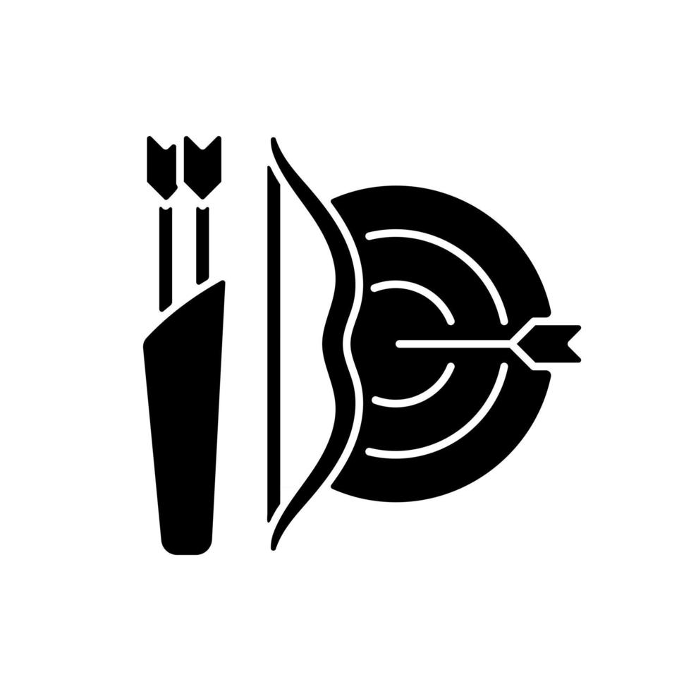 Archery black glyph icon. Using bow to shoot arrows. Hunting and recreational activity. Hitting target from distance. Competitive sport. Silhouette symbol on white space. Vector isolated illustration