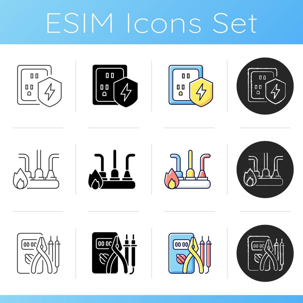 Electrician service icons set. Circuit overload. Voltage spikes risk prevention. Equipment safety in household. Electrician tools. Linear, black and RGB color styles. Isolated vector illustrations