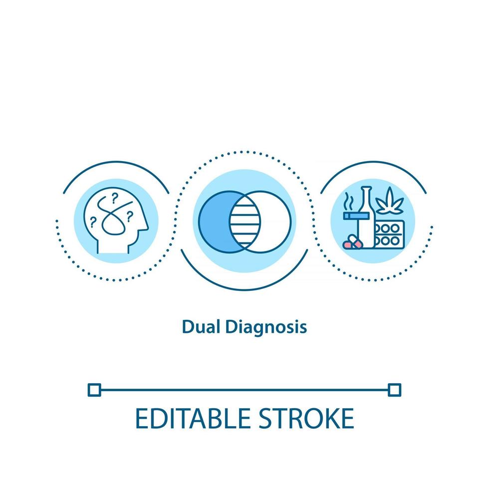 icono del concepto de diagnóstico dual. las personas padecen enfermedades mentales. abuso de sustancias. tratamiento de enfermedades idea ilustración de línea fina. dibujo de color de contorno aislado vectorial. trazo editable vector