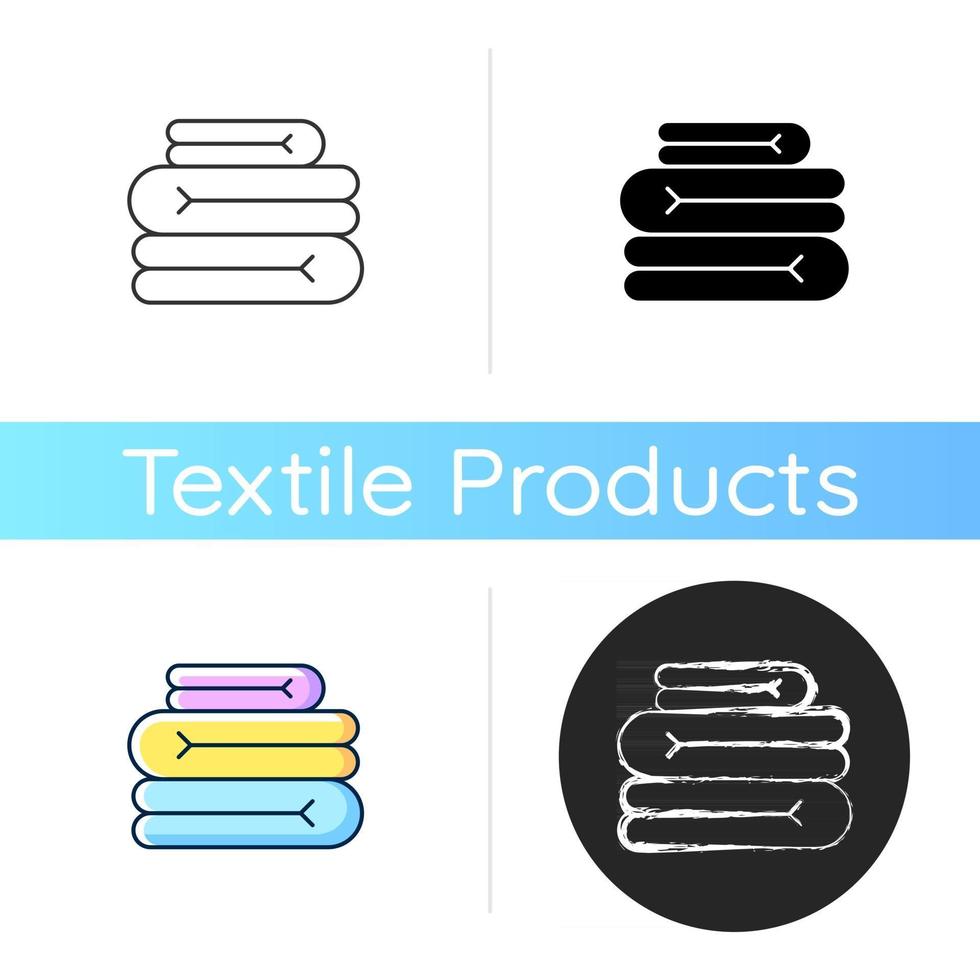 Towel stack icon. Clean folded bedding sheets. Home wipes. Textile products, household cloths. Domestic material item. Linear black and RGB color styles. Isolated vector illustrations