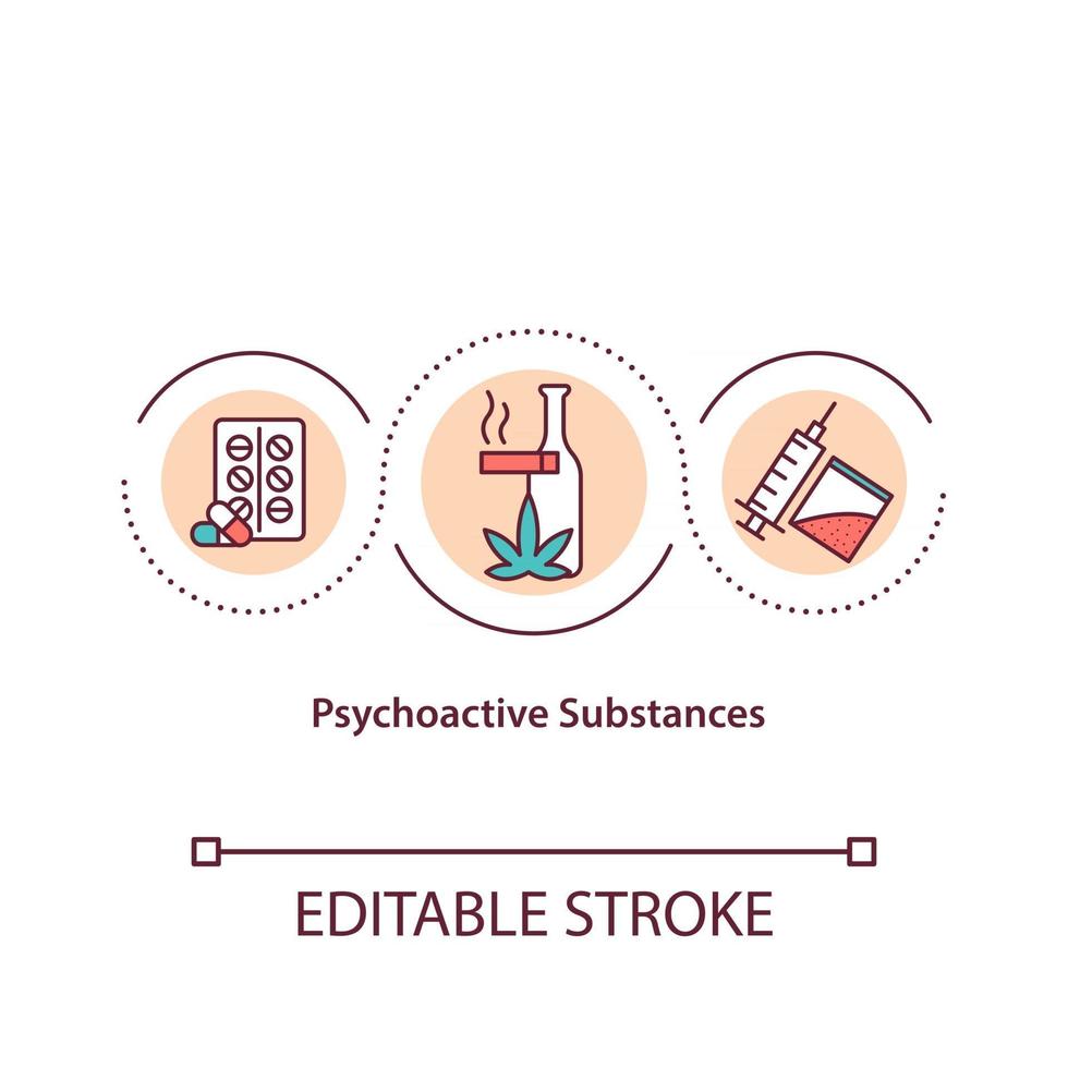 Psychoactive substances concept icon. Illicit drugs. Addiction rehabilitation. Substance abuse. abstract idea thin line illustration. Vector isolated outline color drawing. Editable stroke