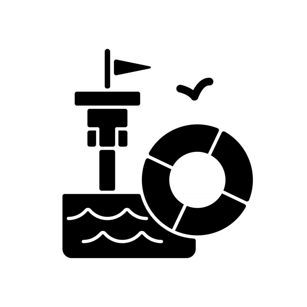 Lifeguarding training black glyph icon. First aid. Water emergencies prevention and responding. Preparation for potential saving lives. Silhouette symbol on white space. Vector isolated illustration