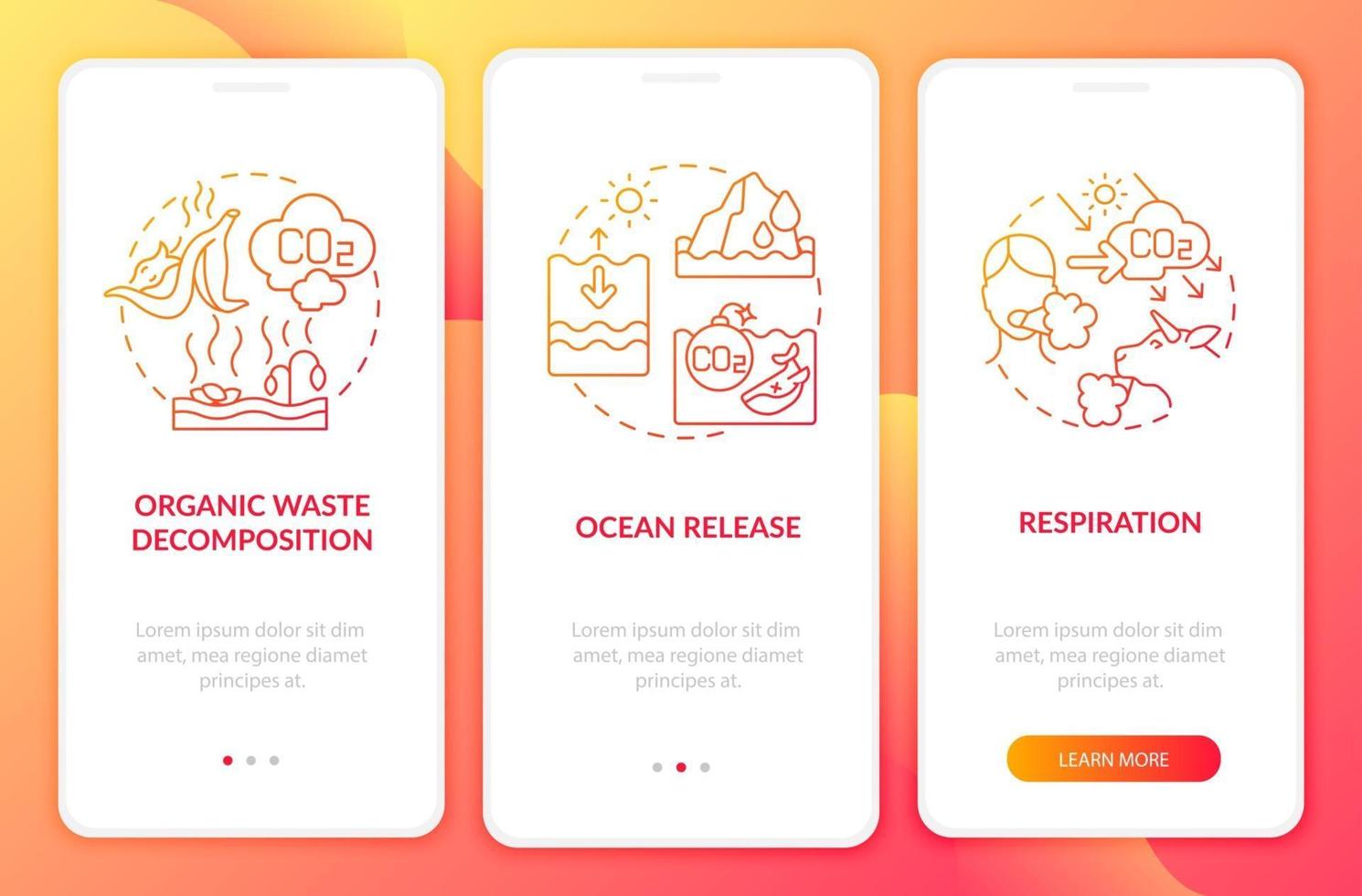 Natural CO2 emissions causes onboarding mobile app page screen with concepts. Respiration process walkthrough 3 steps graphic instructions. UI, UX, GUI vector template with linear color illustrations