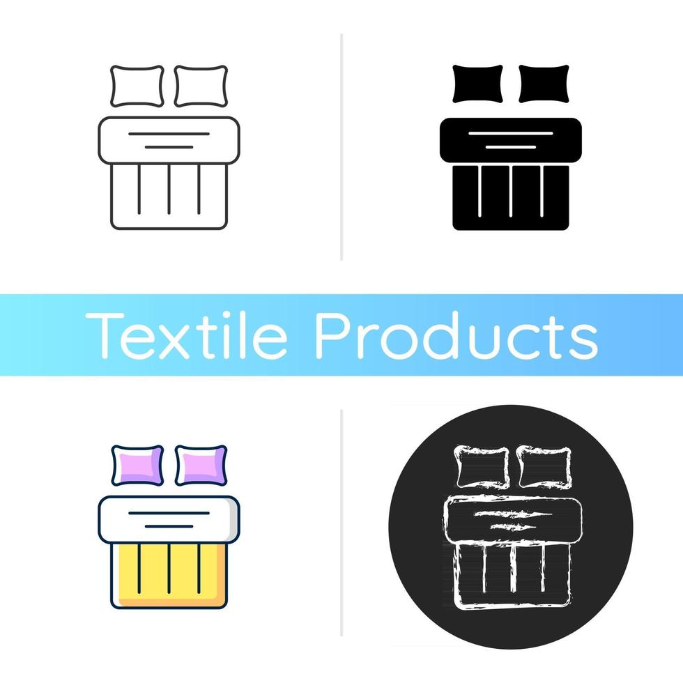 Double bed set icon. Hotel room for night rest. King size linen bedding. Textile products, household cloths. Sleep hygiene. Linear black and RGB color styles. Isolated vector illustrations