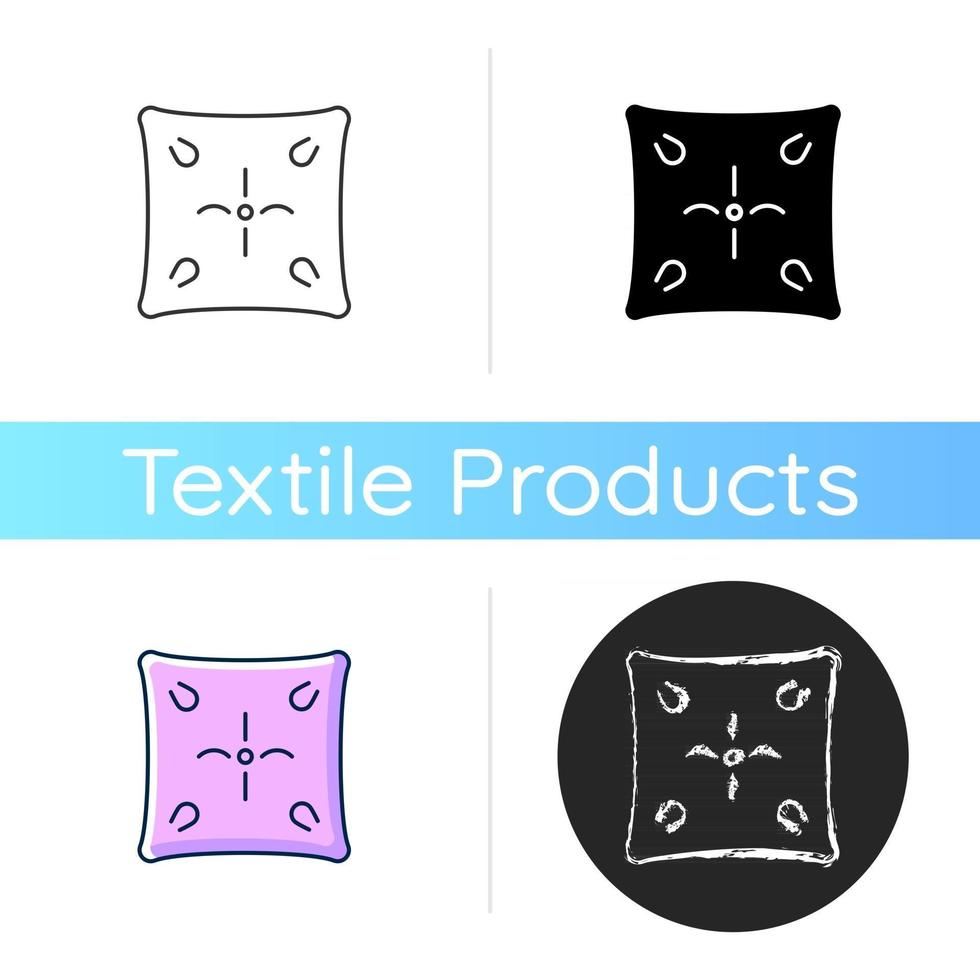 Cushion icon. Cotton pillow case. Linen bedding. Bedroom textile products, household cloths. Domestic material item. Linear black and RGB color styles. Isolated vector illustrations