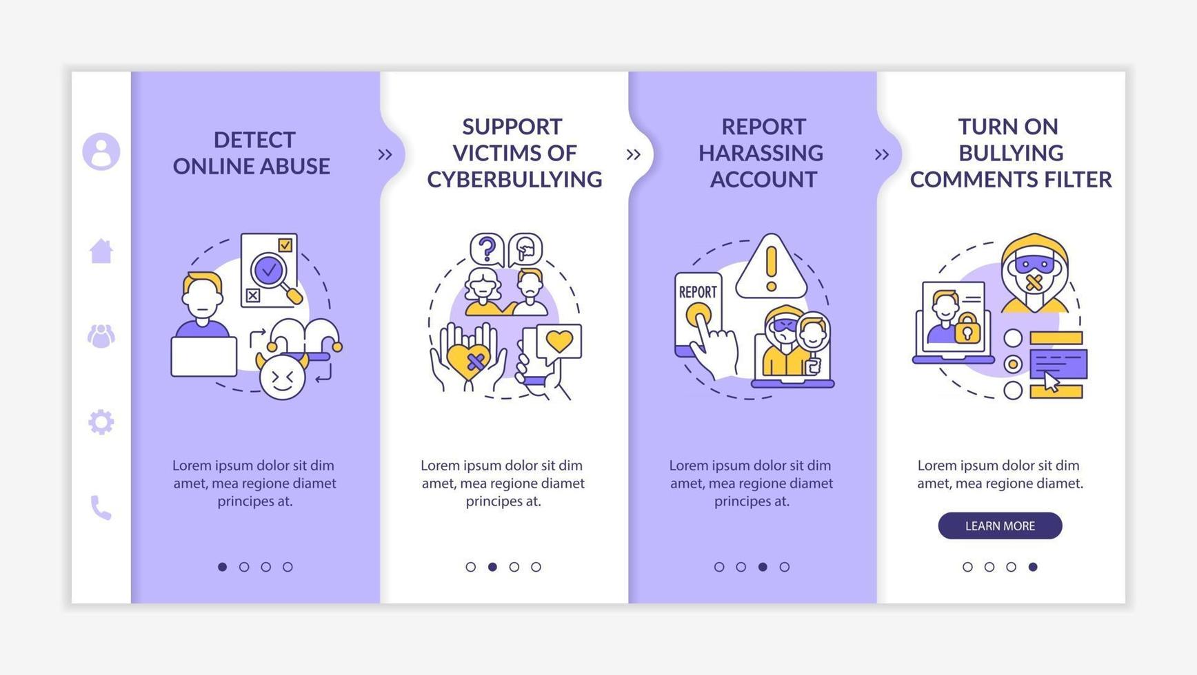 Cyberharassment prevention steps onboarding vector template. Responsive mobile website with icons. Web page walkthrough 4 step screens. Detecting online abuse color concept with linear illustrations