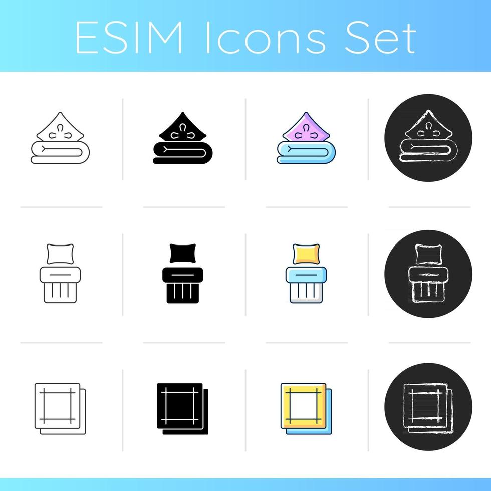 Home textile products icons set. Bed linen. Soft blanket and pillow. Kitchen napkins. Single bed sheets. Domestic material items. Linear, black and RGB color styles. Isolated vector illustrations