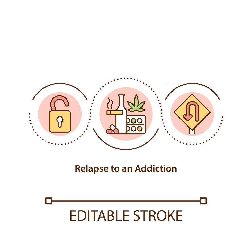 Relapse to an addiction concept icon. Returning to alcohol and drugs consumption. Failed addiction treatment idea thin line illustration. Vector isolated outline color drawing. Editable stroke