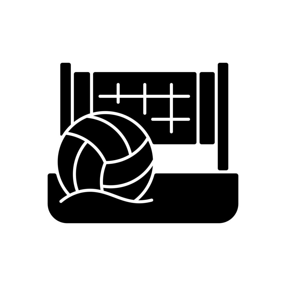 icono de glifo negro de voleibol de playa. equipo de deporte. Cancha de arena dividida por red. condiciones de juego al aire libre. moviéndose y saltando en la arena. símbolo de silueta en el espacio en blanco. vector ilustración aislada