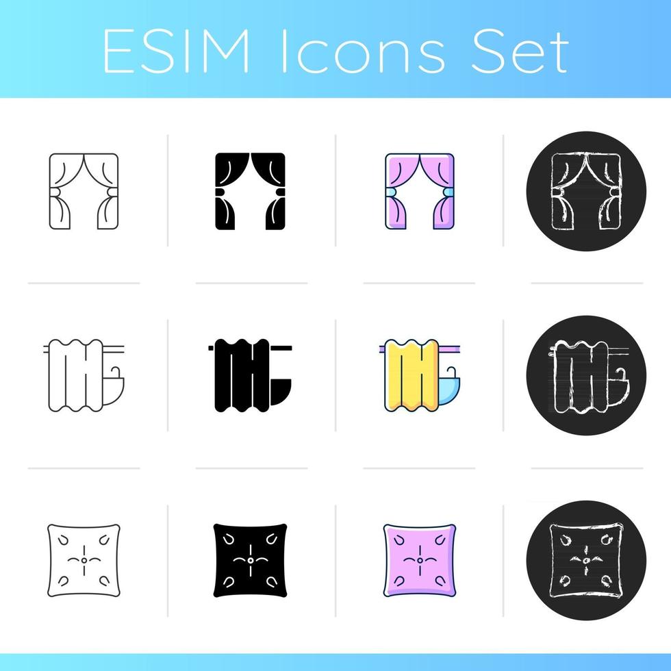 Home textile products icons set. Window drape. Sun blinds, drapery. Bath curtain. Pillow case, soft cushion. Domestic material items. Linear, black and RGB color styles. Isolated vector illustrations