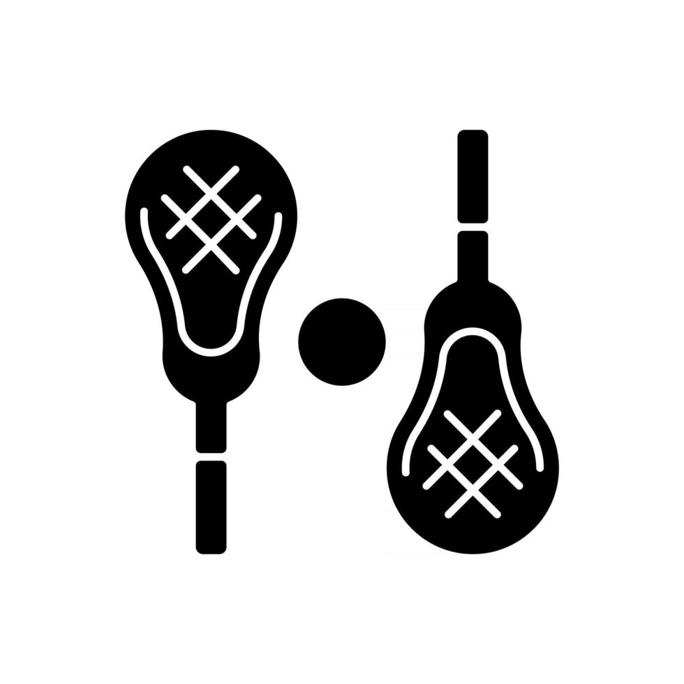 Lacrosse black glyph icon. Playing with lacrosse stick outdoor. Competitive team sport. Body workout. Passing ball between teammates. Silhouette symbol on white space. Vector isolated illustration