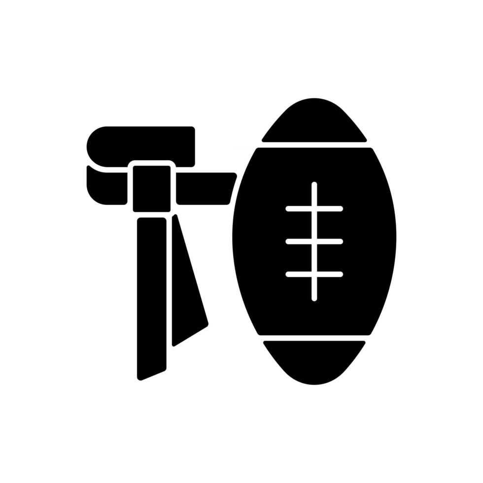 Flag football black glyph icon. Removing flag from ball carrier during game. American football non-tackling version. Physical safety. Silhouette symbol on white space. Vector isolated illustration