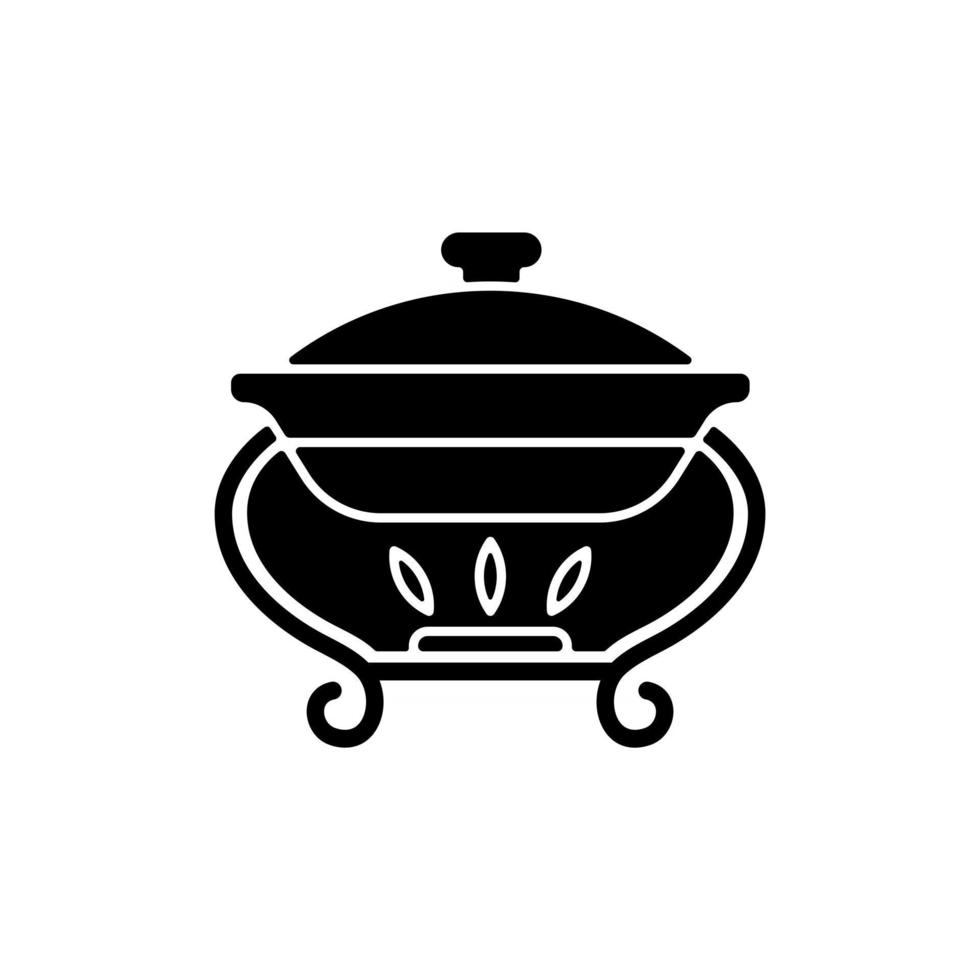 Warming tray black glyph icon. Chafing dish for storing foods. Container which keeps meals warm. Everyday kitchenware equipment. Silhouette symbol on white space. Vector isolated illustration