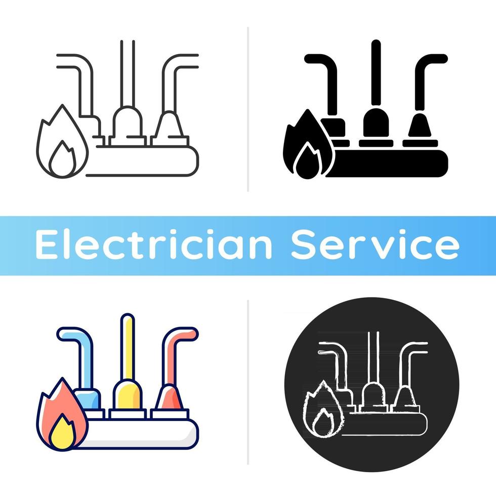Circuit overload icon. Excessive electricity usage. Supplying power to several outlets. Circuit wiring overheating. Burning odor. Linear black and RGB color styles. Isolated vector illustrations