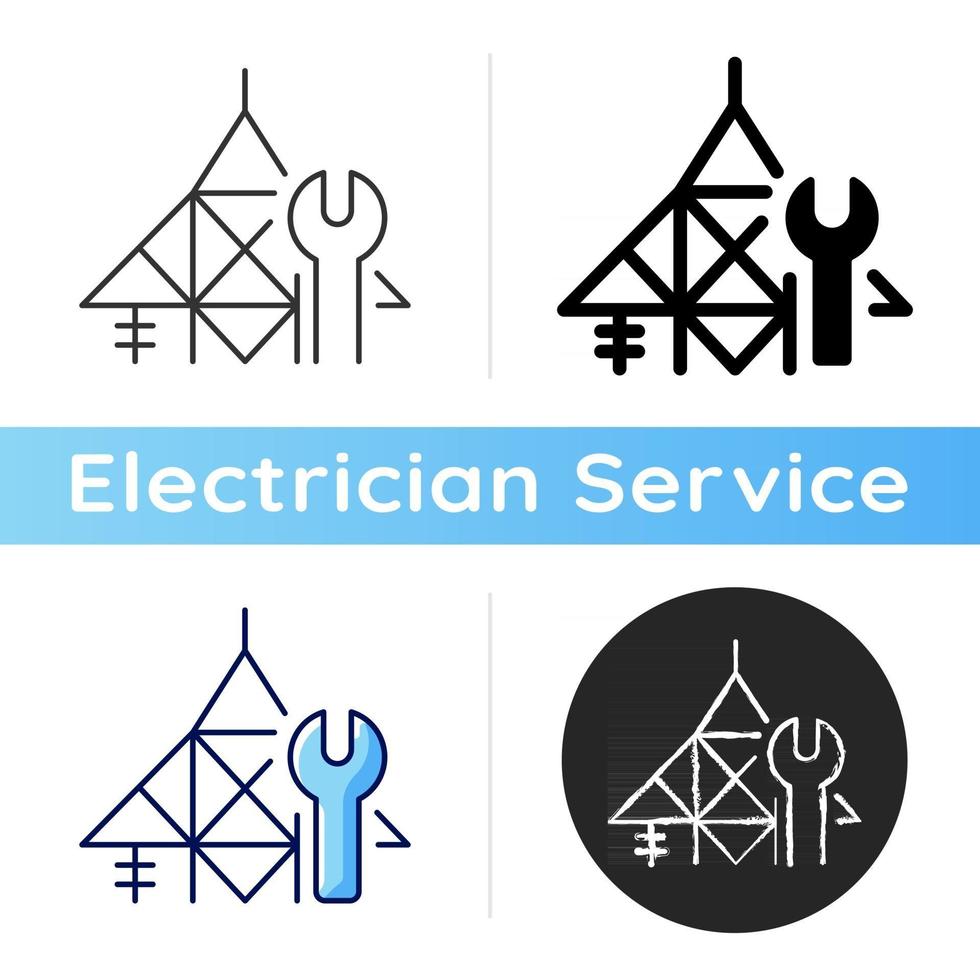 Power line repair icon. Maintenance on transmission lines. Hotline repair. Live-line working. Electrical energy. Transformers damage. Linear black and RGB color styles. Isolated vector illustrations