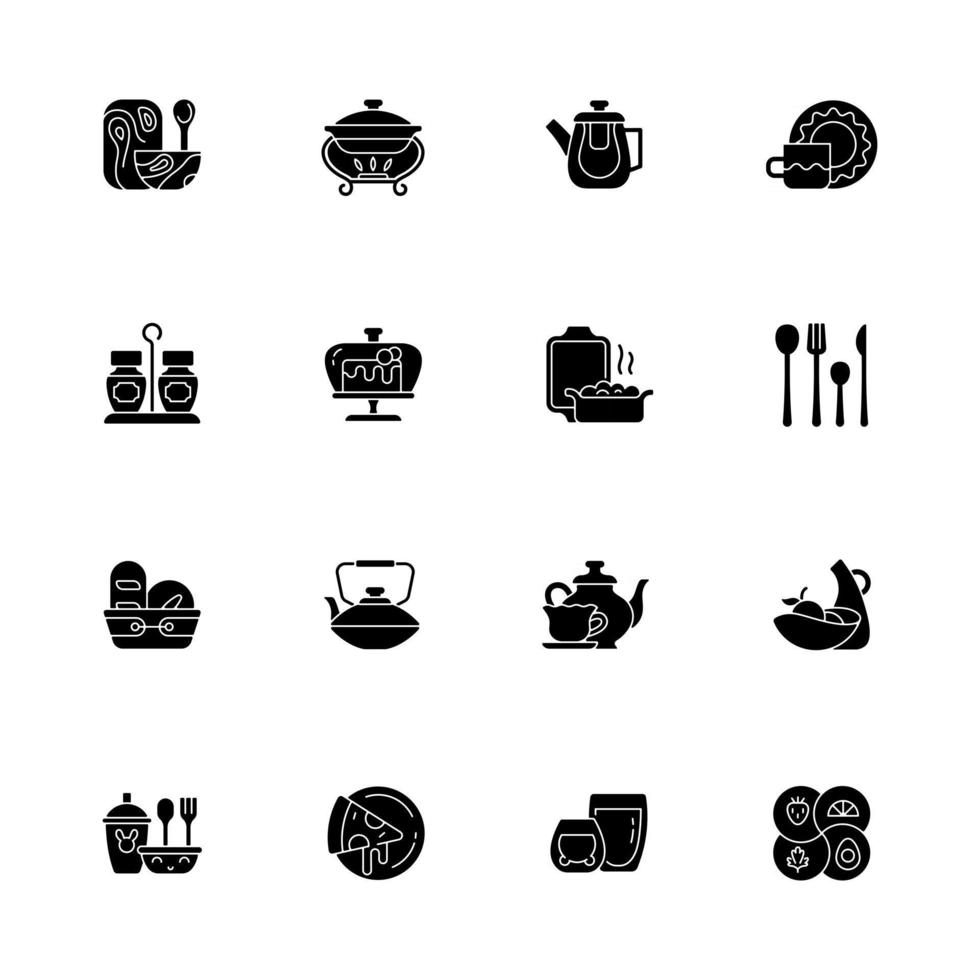 iconos de glifos negros de vajilla de moda en espacios en blanco. vajilla de forma irregular. vajilla de estilo vintage. bandeja para calentar alimentos. Plato de horno de cerámica. símbolos de silueta. vector ilustración aislada