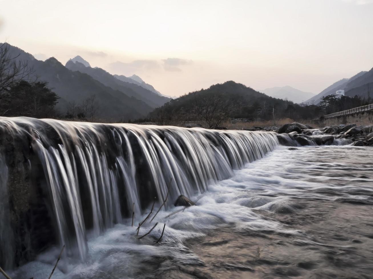 Mountain river. Water on river rapids. Photo on exposure