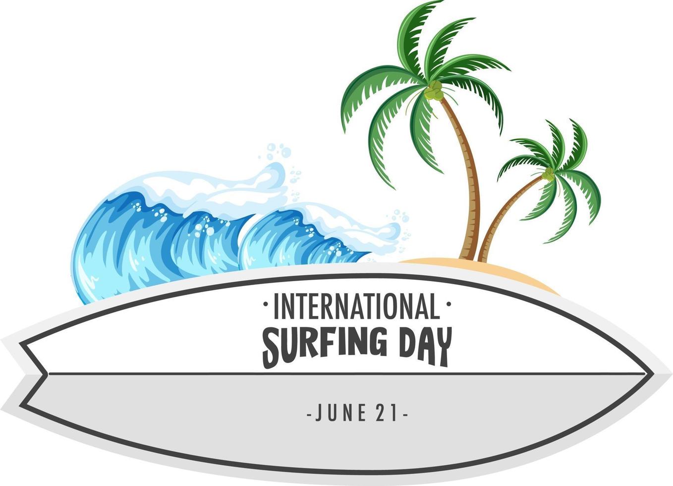 International Surfing Day font on surfboard banner with tropical beach element vector