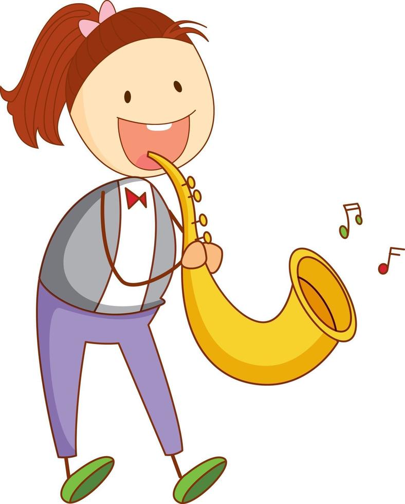 un niño doodle tocando el saxofón personaje de dibujos animados aislado vector