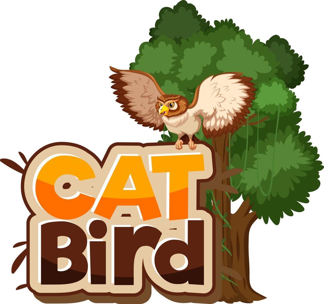 Banner de fuente de pájaro de gato con personaje de dibujos animados de búho aislado vector