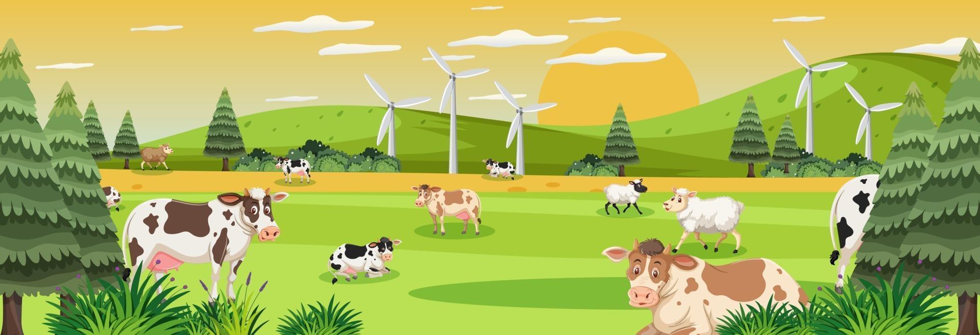 Farm panorama landscape with many cows in the meadow vector