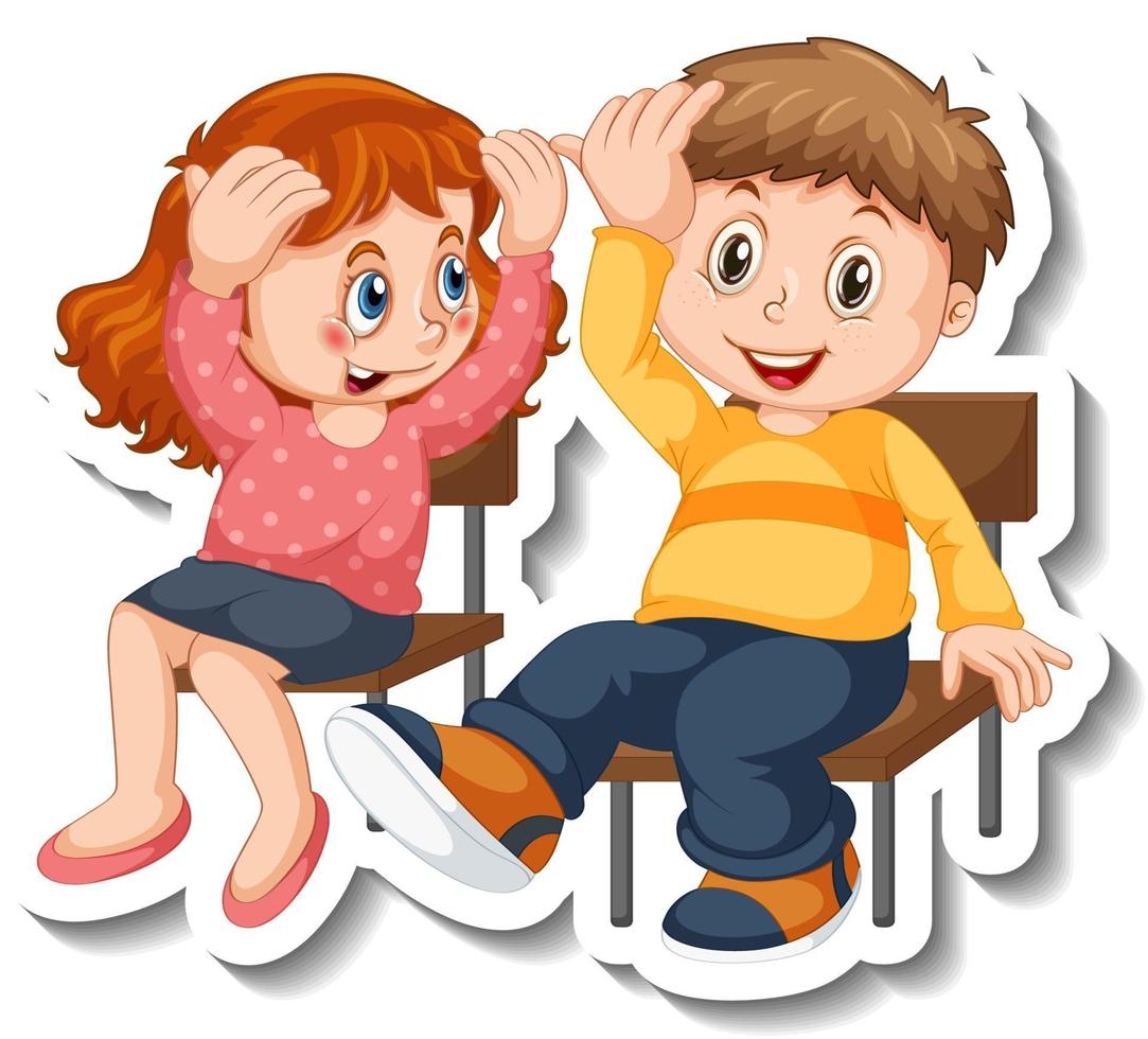 Sticker template with couple of kids students cartoon character isolated vector