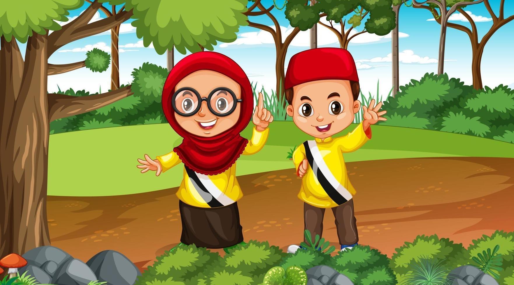 Brunei kids wears traditional clothes in the forest scene vector