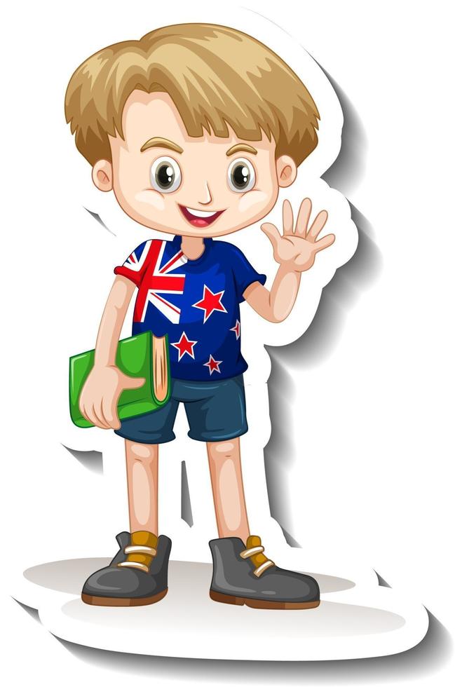 una plantilla de pegatina con un niño con un personaje de dibujos animados de camiseta de la bandera americana vector