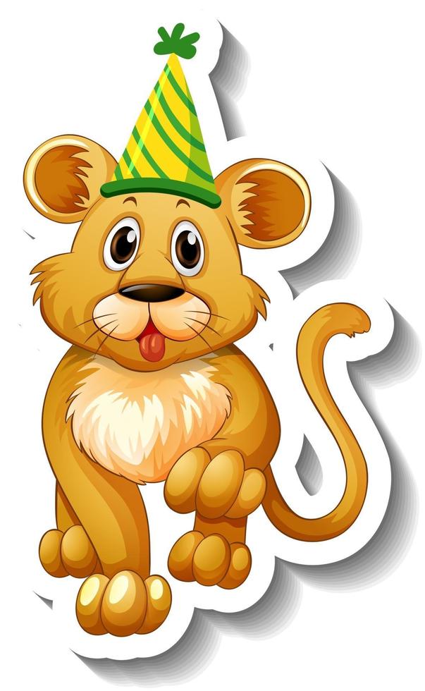 A sticker template with a female lion wearing party hat vector