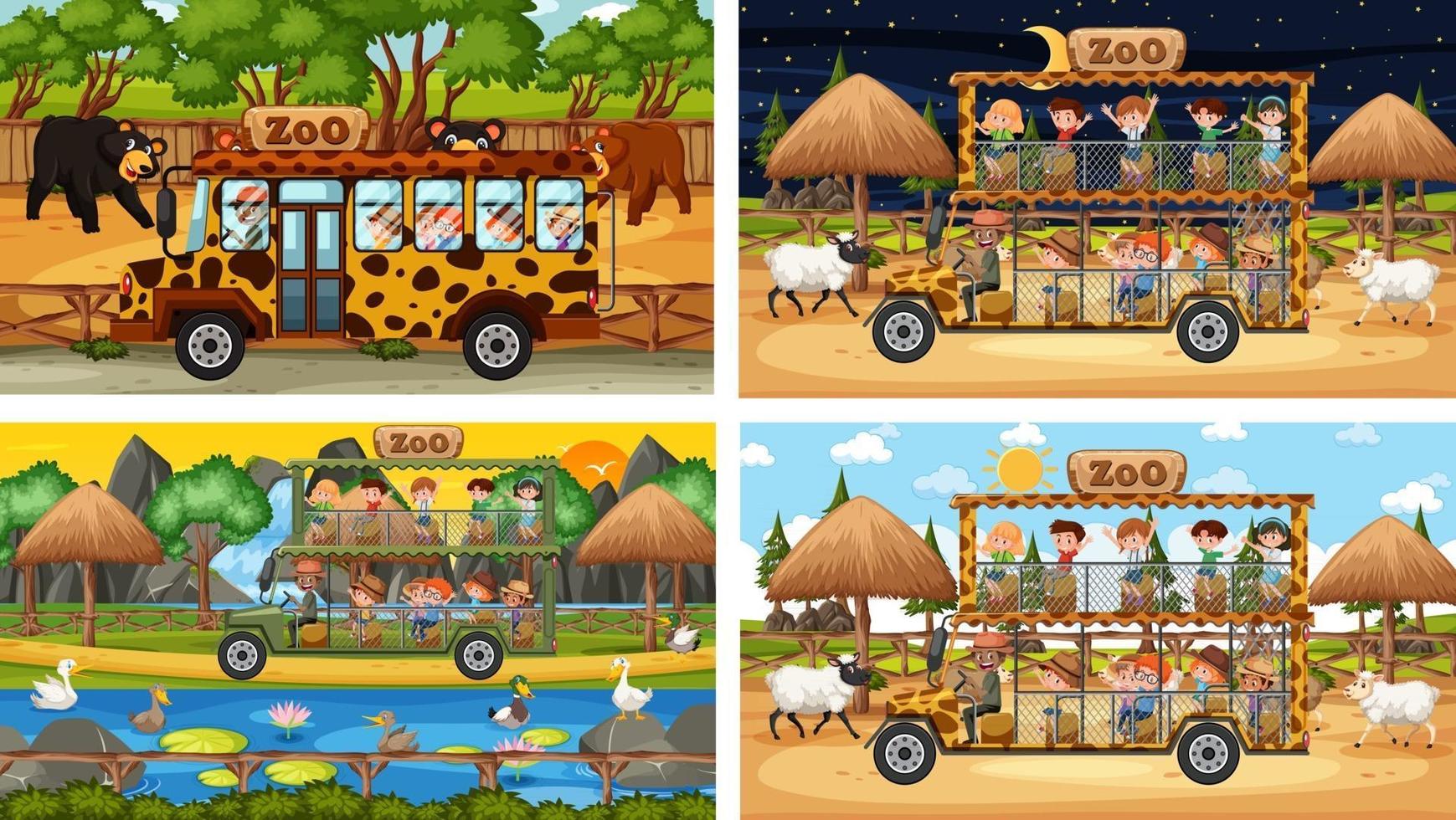 Set of different safari scenes with animals and kids cartoon character  2747342 Vector Art at Vecteezy