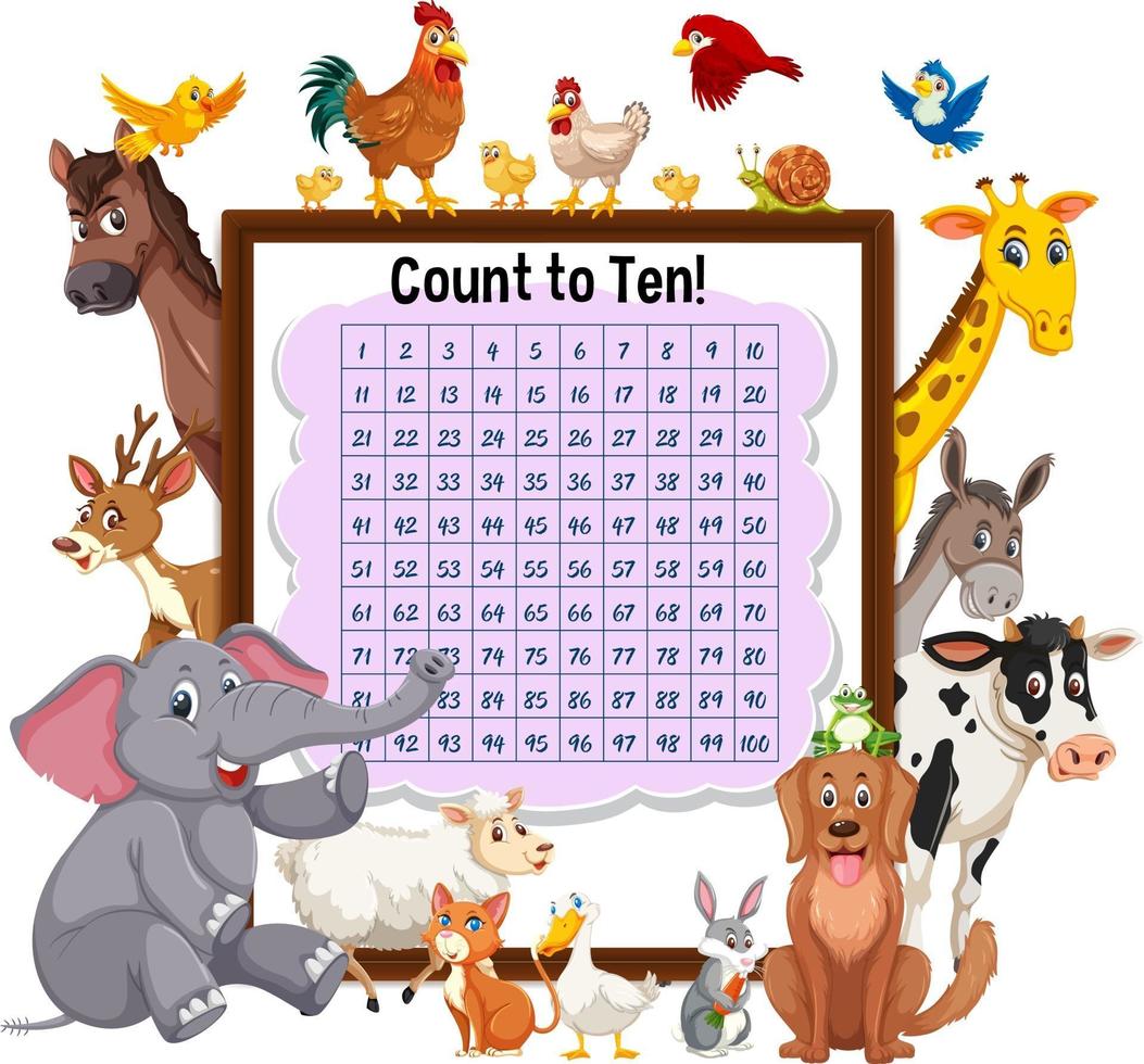 Counting number 1-100 board with wild animals vector