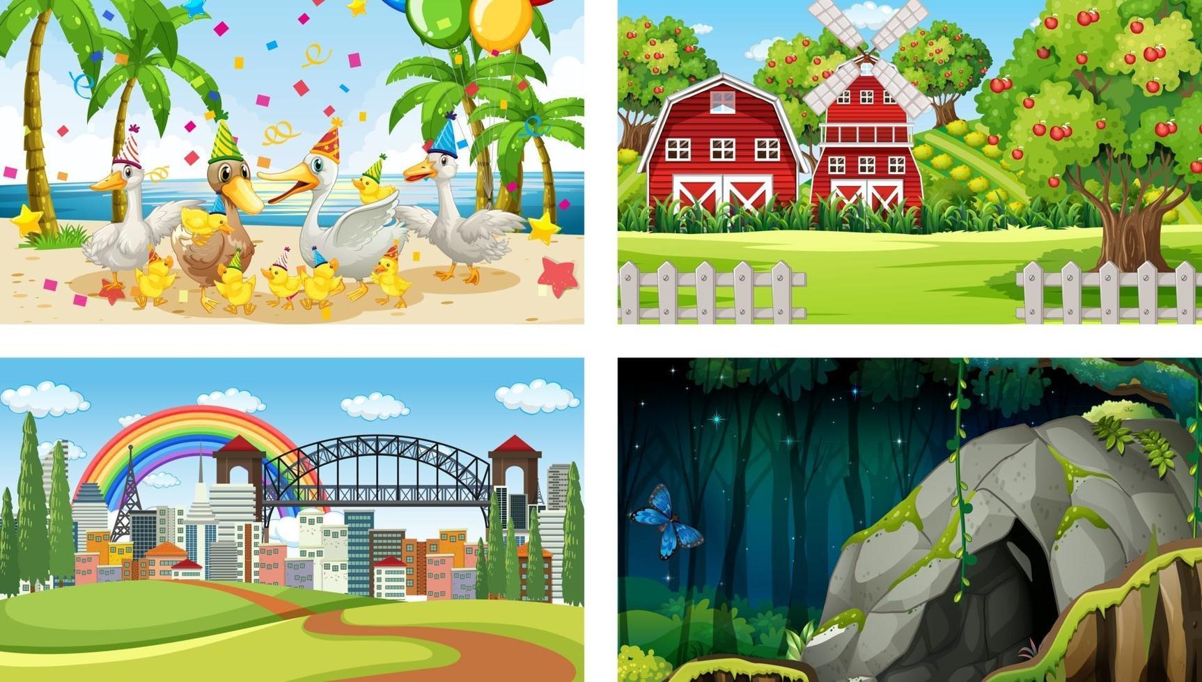 Four different scenes with various animals cartoon character vector