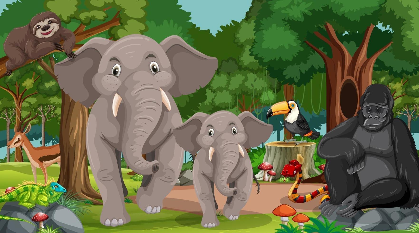 Elephant family with other wild animals in forest scene vector