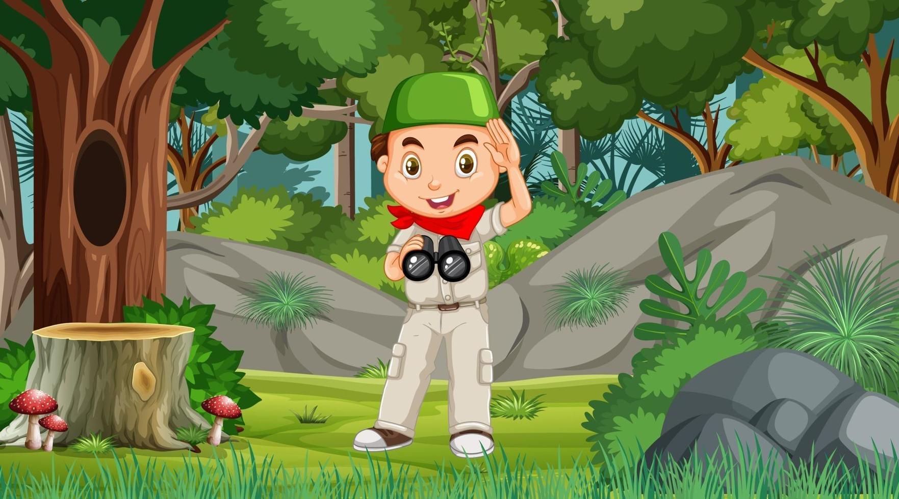 Nature scene with a muslim boy cartoon character exploring in the forest vector