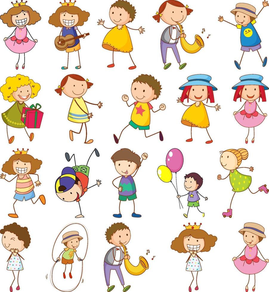 Set of different doodle kids cartoon character vector