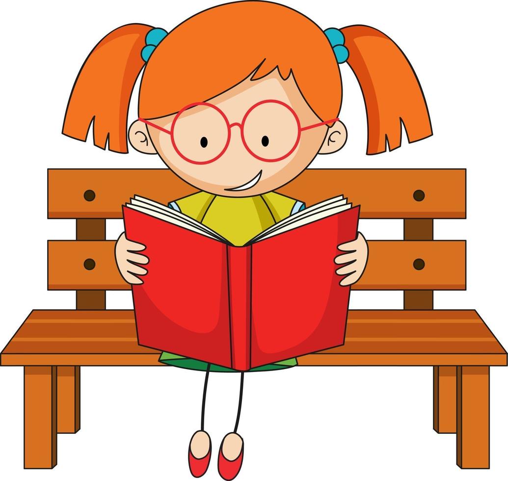 Cute girl reading book doodle cartoon character vector