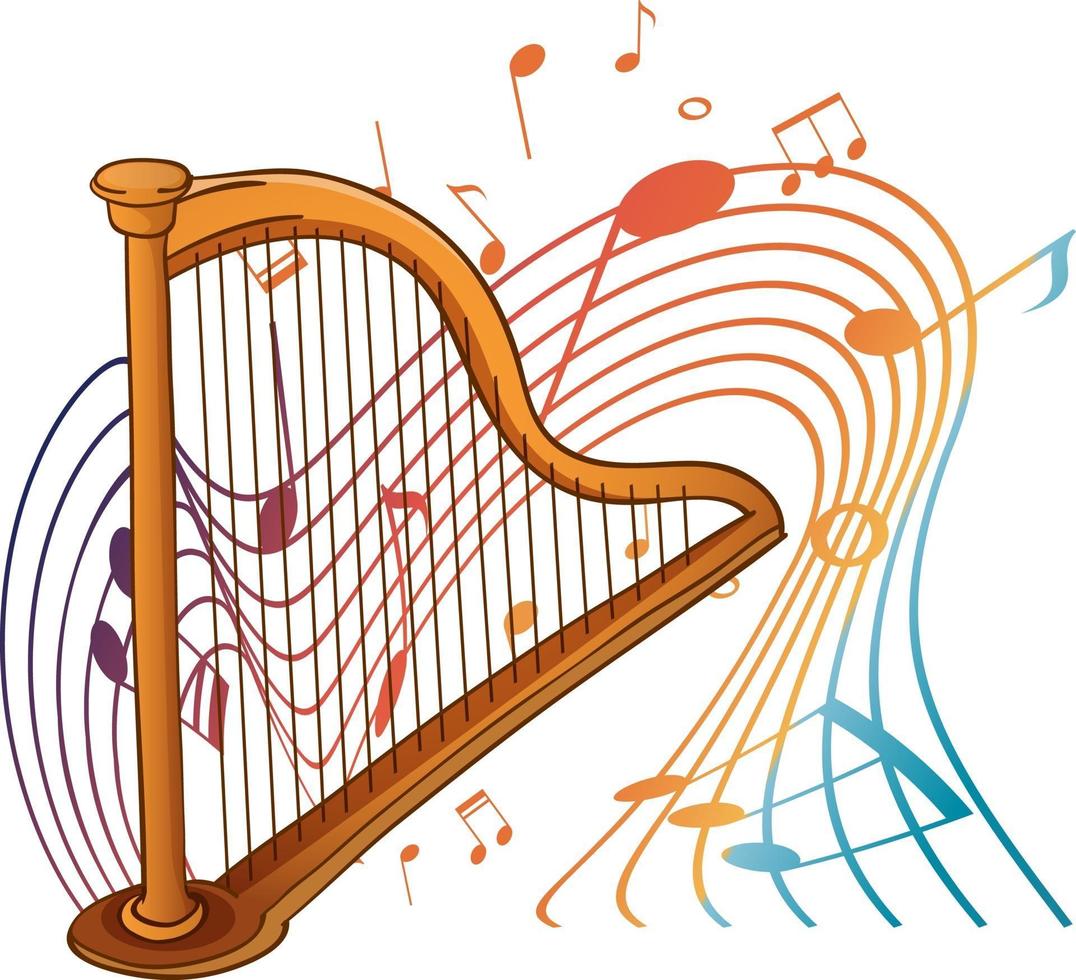 Harp musical instrument with melody symbols isolated vector