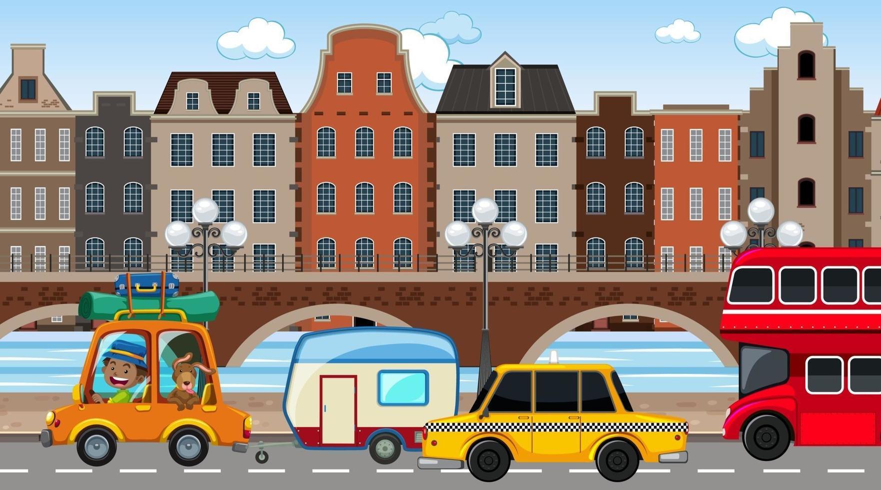 City background scene with many cars on the road vector