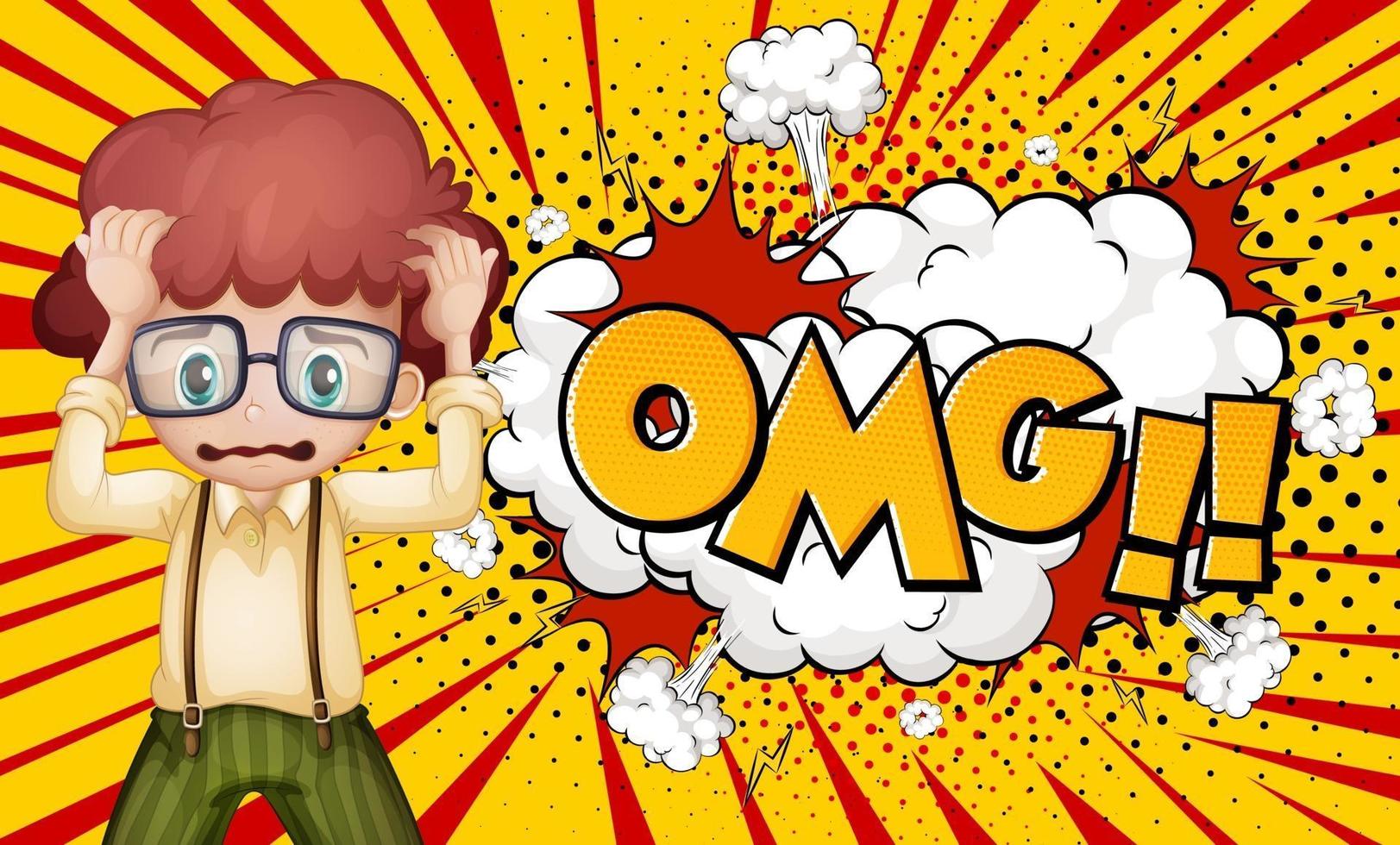 OMG word on explosion background with boy cartoon character vector