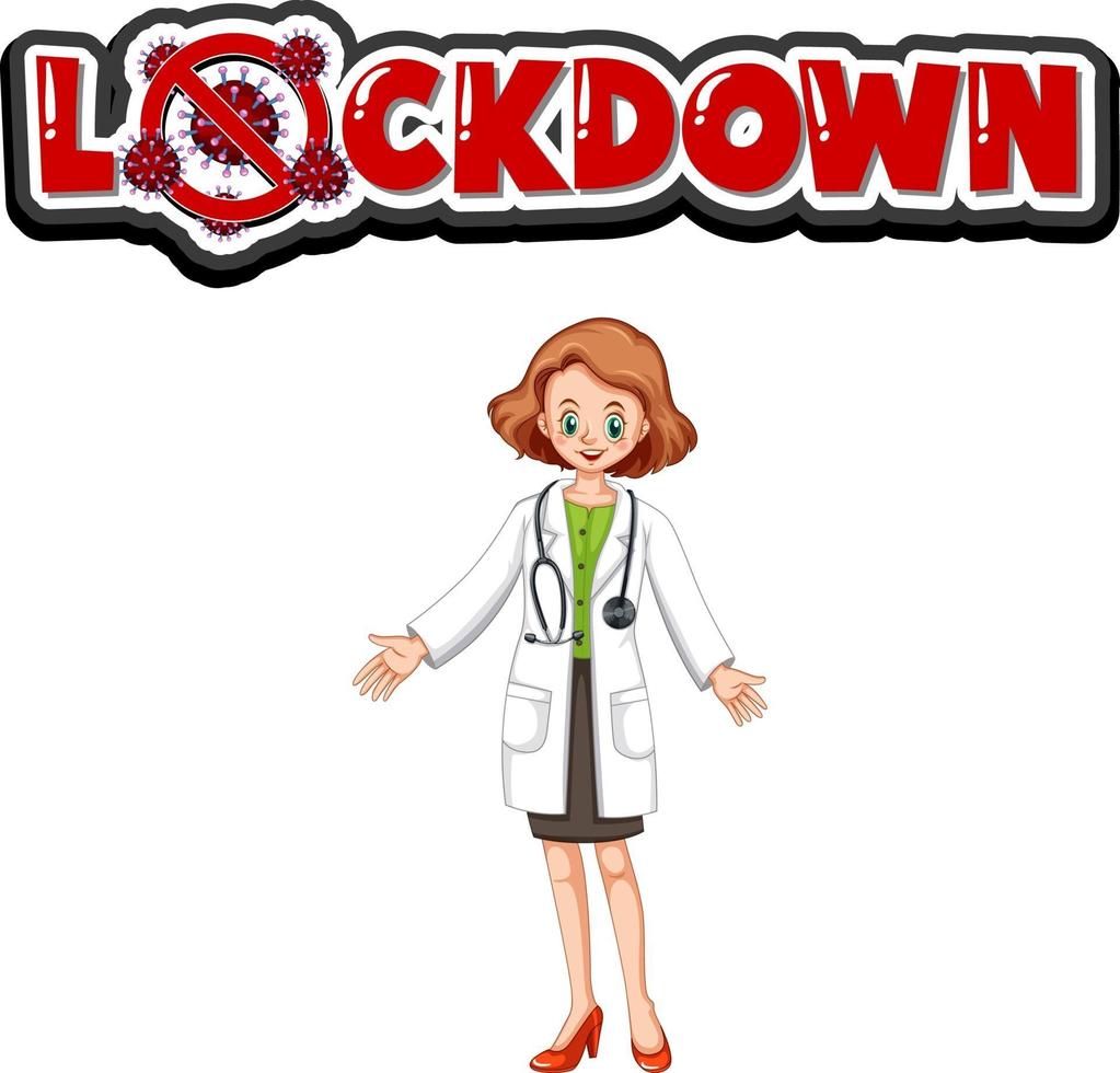 Lock down font design with a doctor woman isolated on white background vector