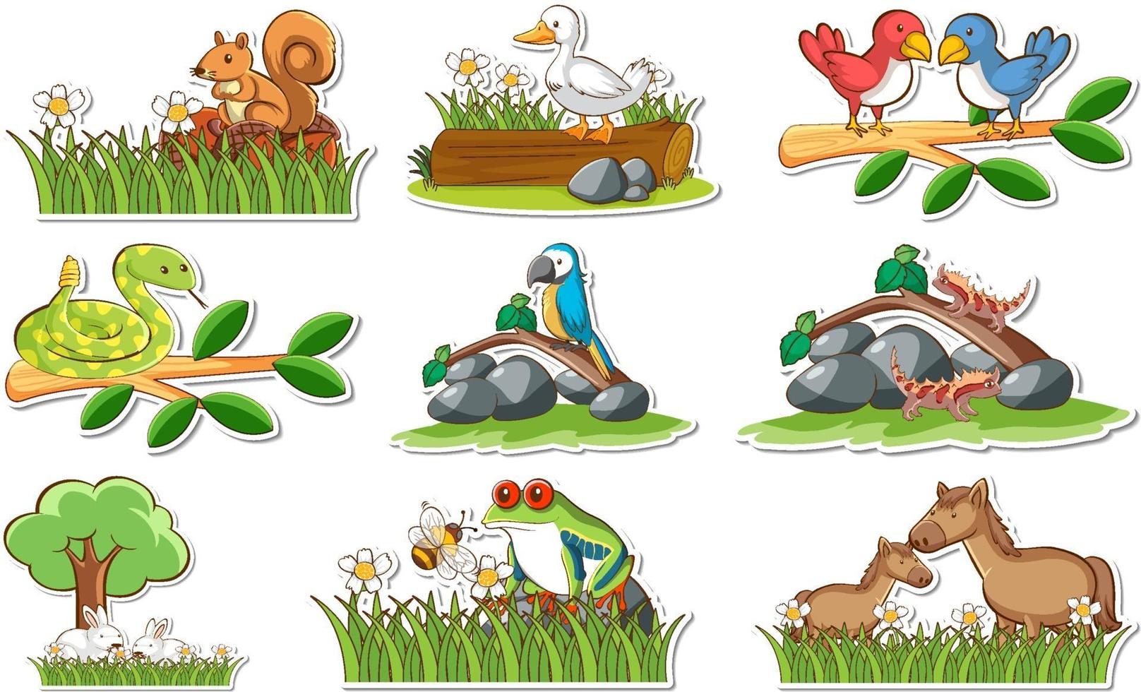 Sticker set with different wild animals and nature elements vector