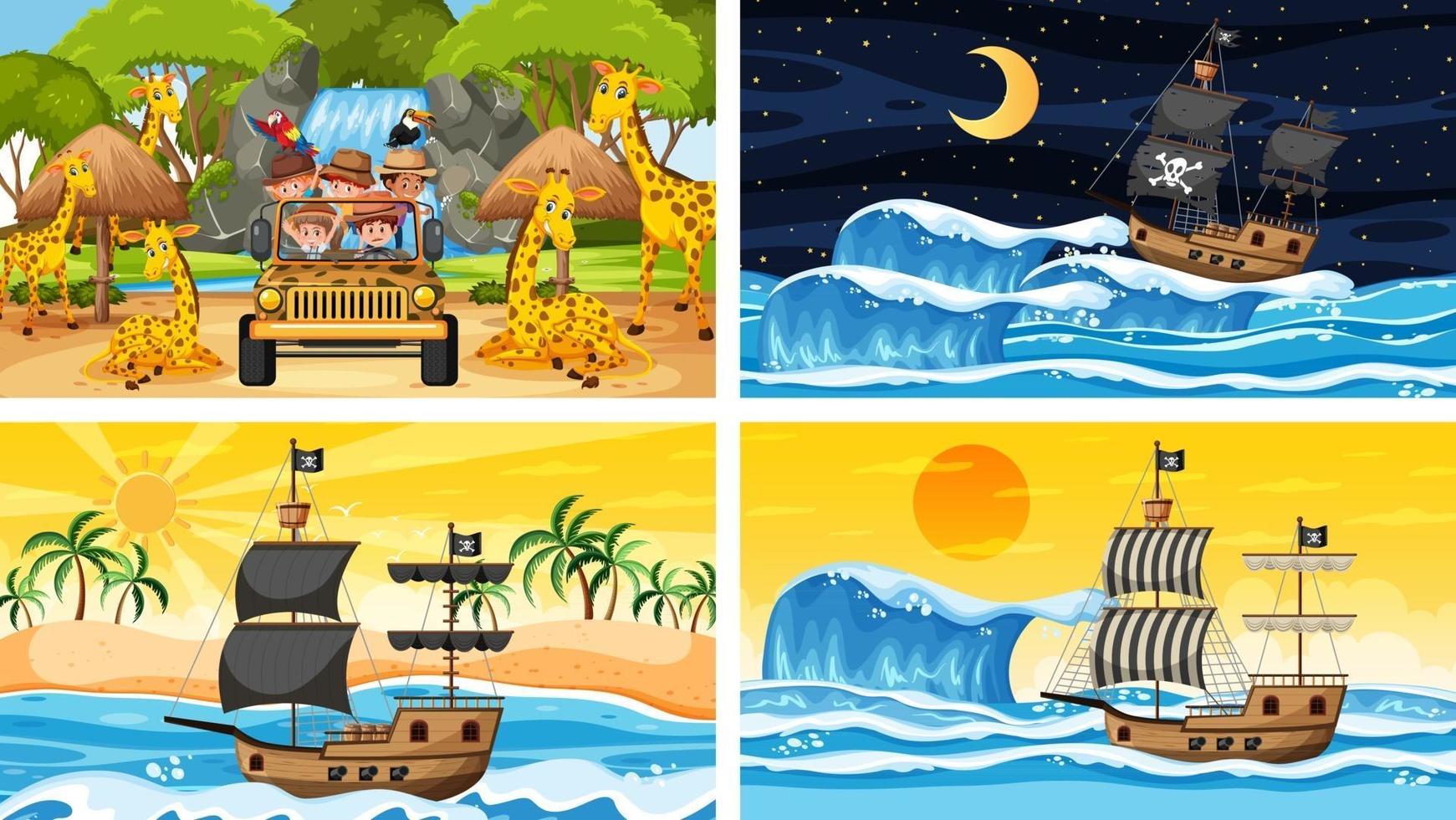 Set of different scenes with pirate ship at the sea and animals in the zoo vector