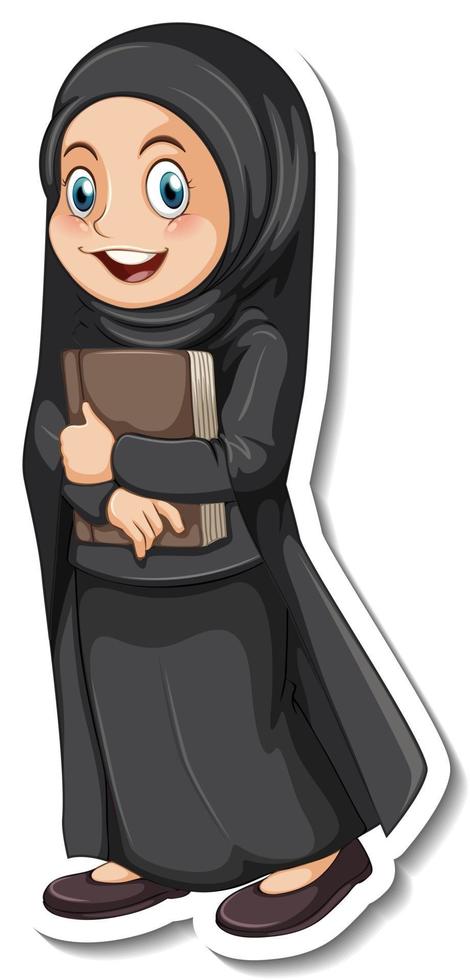 A sticker template with a muslim girl wearing black hijab and costume vector