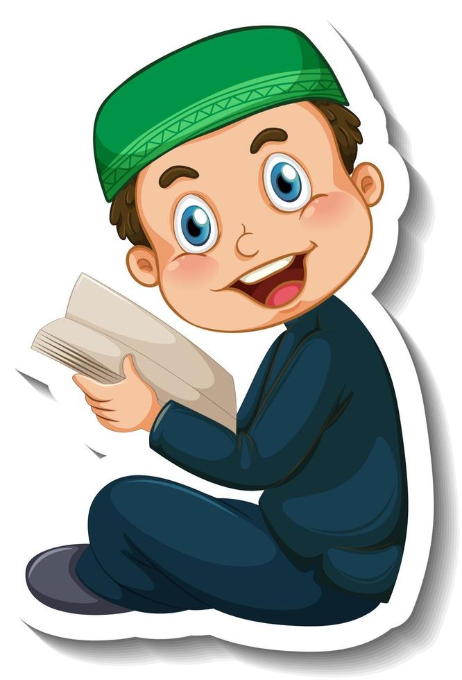 A sticker template with Muslim boy reading quran book vector