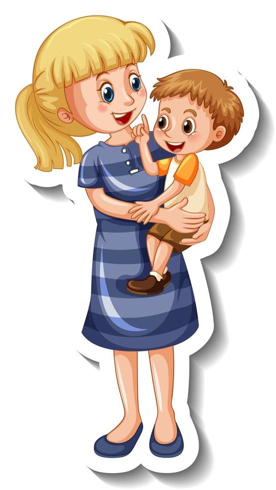 A sticker template with a mother holding her son vector