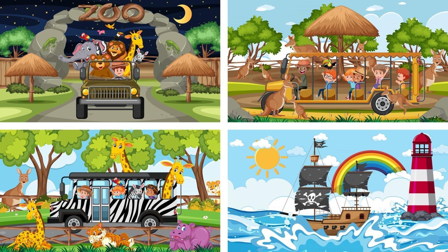 Set of different scenes with pirate ship at the sea and animals in the zoo vector