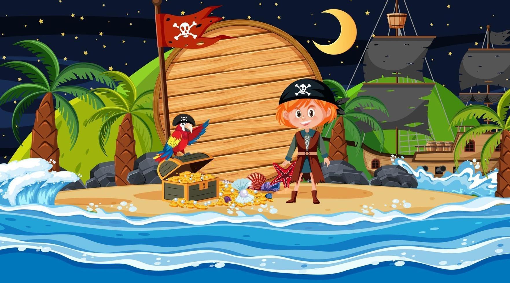 Niños piratas en la escena nocturna de la playa con una plantilla de banner de madera vacía vector