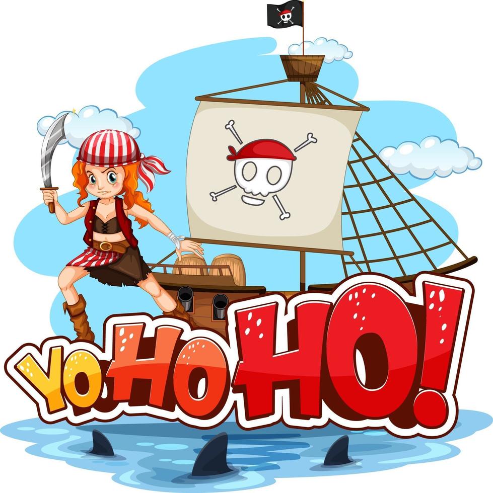 Una niña pirata de pie en el barco con un discurso de yo-ho-ho. vector