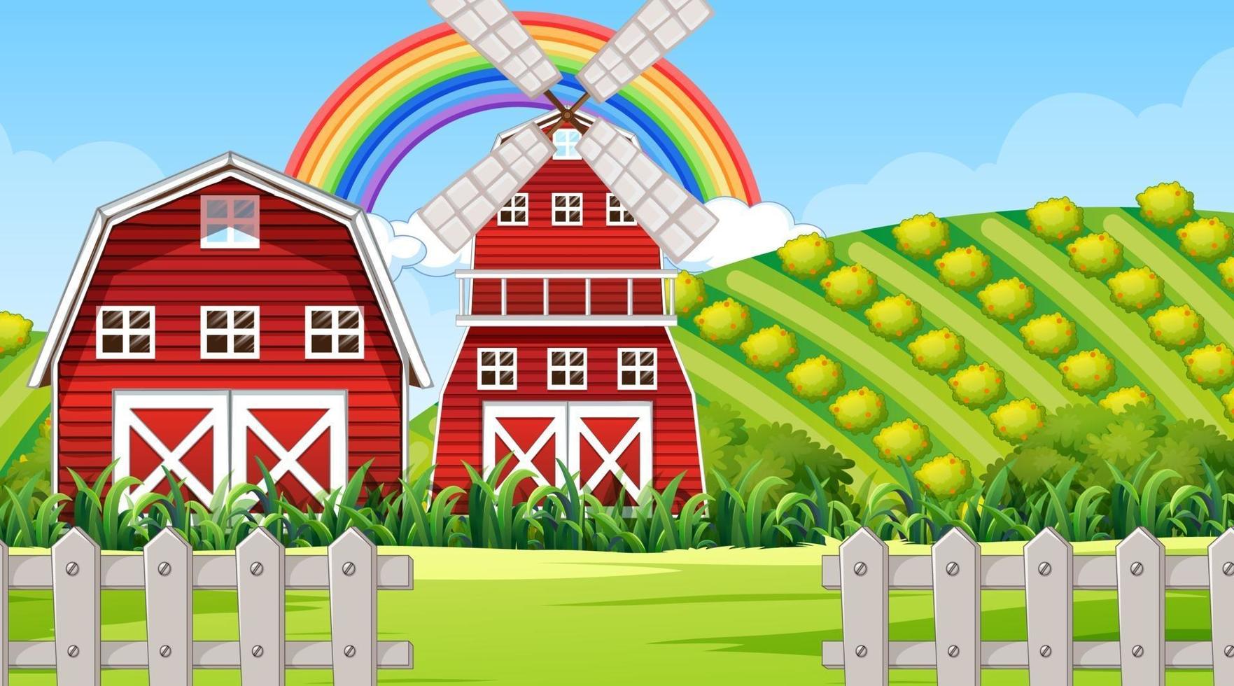 Farm landscape scene with barn and windmill vector